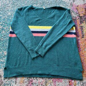 Teal Soft Knit Striped Sweater – Cozy Lightweight V-Neck Pullover with Pastel St